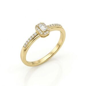 14K Gold Plated Baguette & Round Cubic Zirconia Halo Ring | Dainty Gold Jewelry